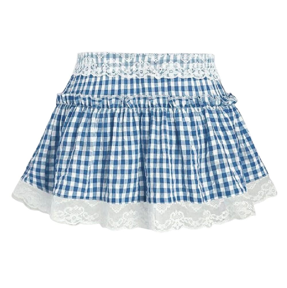 3754 Adult Gingham Short Skirt Pleated Ruffle A Line Plaid Mini Skirt